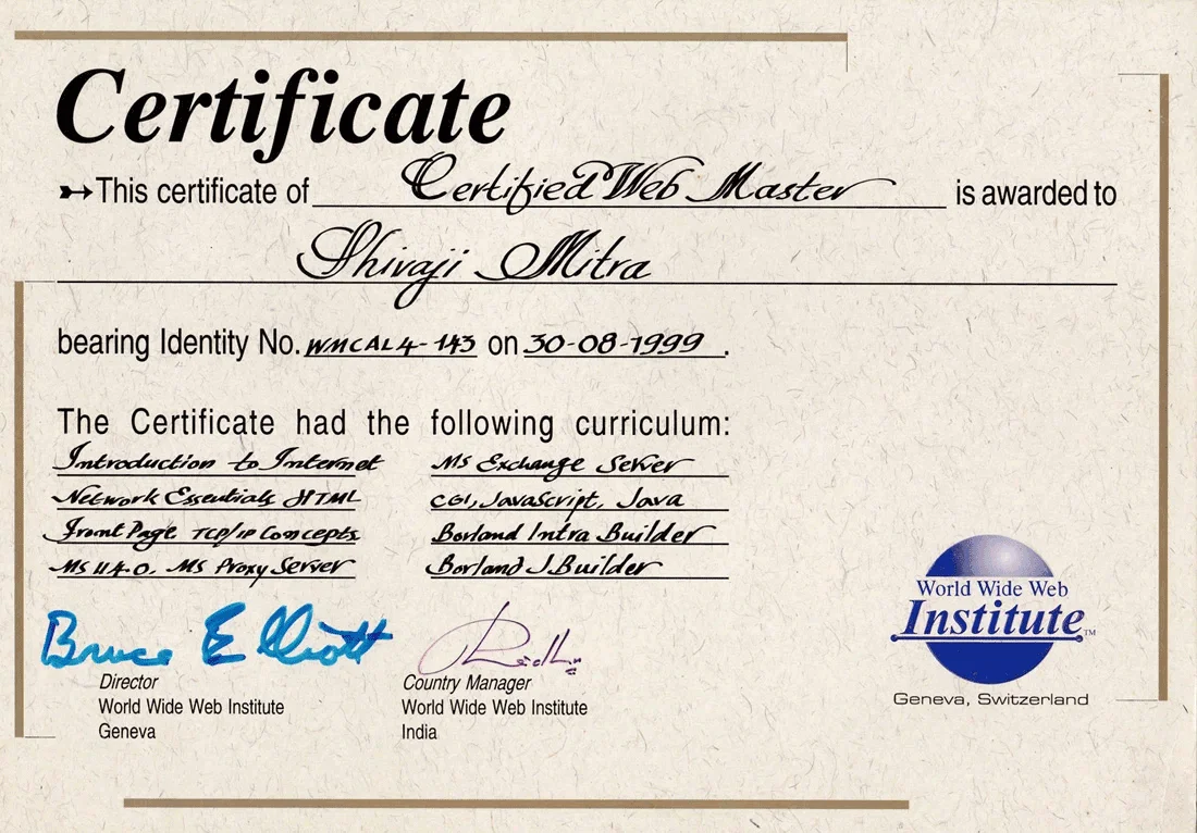 3WI Certified Webmaster certificate awarded to Shivaji Mitra